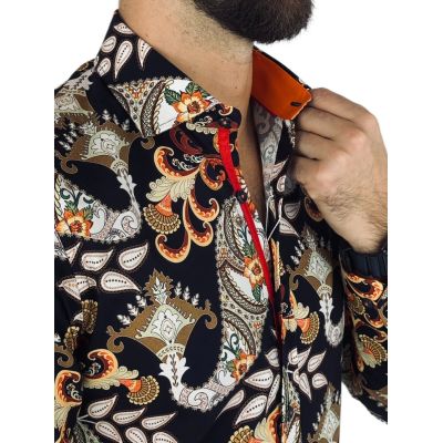 GUISEPPE LUIGI Koszula męska GL55 czarna, kwiaty, paisley, brązowy | Sklep GriShop.eu | Koszule