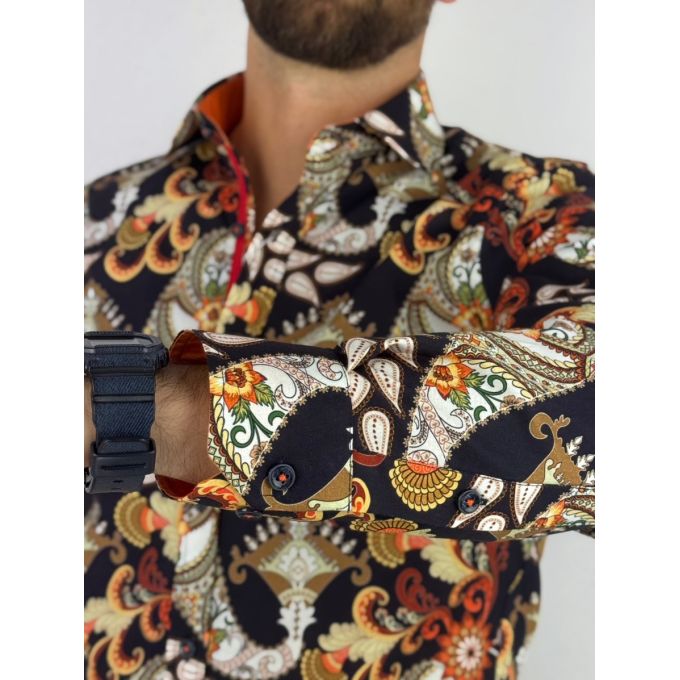 GUISEPPE LUIGI Koszula męska GL55 czarna, kwiaty, paisley, brązowy | Sklep GriShop.eu | Koszule
