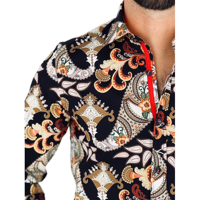 GUISEPPE LUIGI Koszula męska GL55 czarna, kwiaty, paisley, brązowy | Sklep GriShop.eu | Koszule
