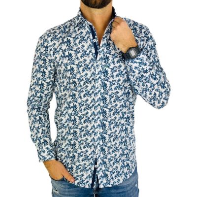 GUISEPPE LUIGI Koszula męska GL59 biała w niebieskie kwiaty, liście | Sklep GriShop.eu | Koszule