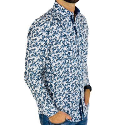 GUISEPPE LUIGI Koszula męska GL59 biała w niebieskie kwiaty, liście | Sklep GriShop.eu | Koszule