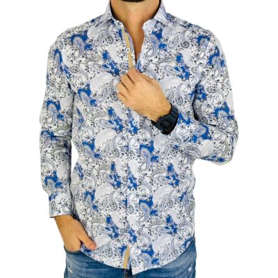 GUISEPPE LUIGI Koszula męska GL58 biała, niebieska, paisley, kwiaty | Sklep GriShop.eu | Koszule