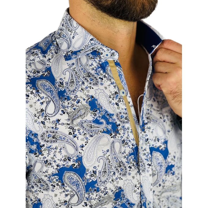 GUISEPPE LUIGI Koszula męska GL58 biała, niebieska, paisley, kwiaty | Sklep GriShop.eu | Koszule