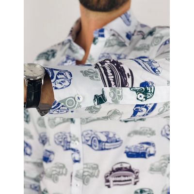 GIOVANNI PERA Koszula męska GP367 biała, auta, samochody | Sklep GriShop.eu | Koszule