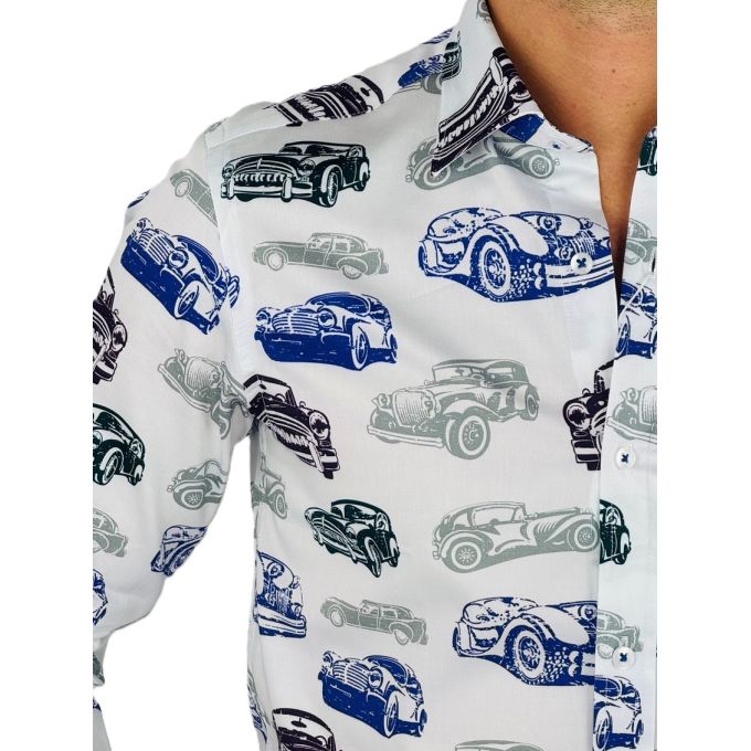 GIOVANNI PERA Koszula męska GP367 biała, auta, samochody | Sklep GriShop.eu | Koszule