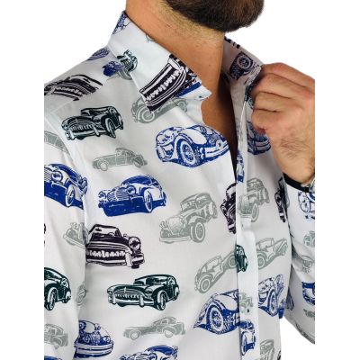 GIOVANNI PERA Koszula męska GP367 biała, auta, samochody | Sklep GriShop.eu | Koszule