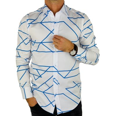 GIOVANNI PERA Koszula męska GP369 biała, niebieski wzór, kreski | Sklep GriShop.eu | Koszule