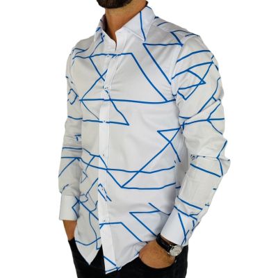 GIOVANNI PERA Koszula męska GP369 biała, niebieski wzór, kreski | Sklep GriShop.eu | Koszule