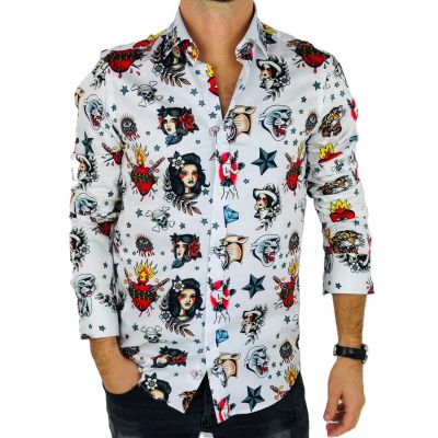 GIOVANNI PERA Koszula męska GP370 biała, kolorowe tatuaże | Sklep GriShop.eu | Koszule