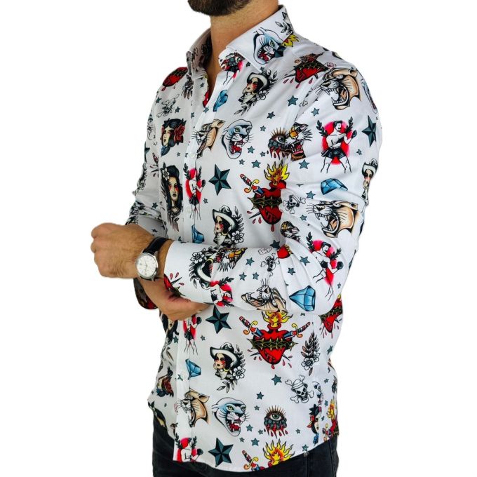 GIOVANNI PERA Koszula męska GP370 biała, kolorowe tatuaże | Sklep GriShop.eu | Koszule