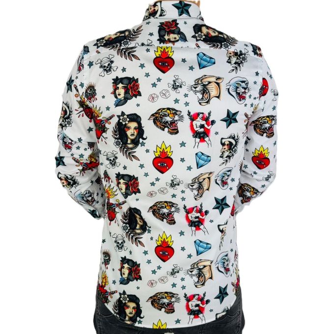GIOVANNI PERA Koszula męska GP370 biała, kolorowe tatuaże | Sklep GriShop.eu | Koszule