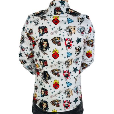 GIOVANNI PERA Koszula męska GP370 biała, kolorowe tatuaże | Sklep GriShop.eu | Koszule