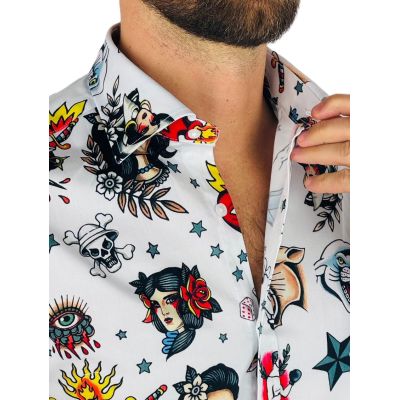 GIOVANNI PERA Koszula męska GP370 biała, kolorowe tatuaże | Sklep GriShop.eu | Koszule