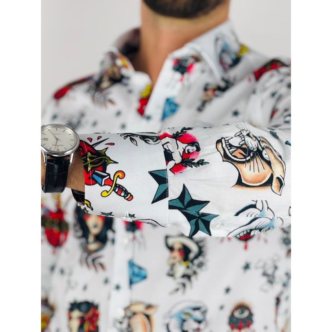 GIOVANNI PERA Koszula męska GP370 biała, kolorowe tatuaże | Sklep GriShop.eu | Koszule