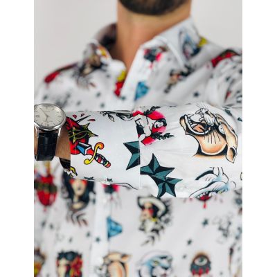 GIOVANNI PERA Koszula męska GP370 biała, kolorowe tatuaże | Sklep GriShop.eu | Koszule