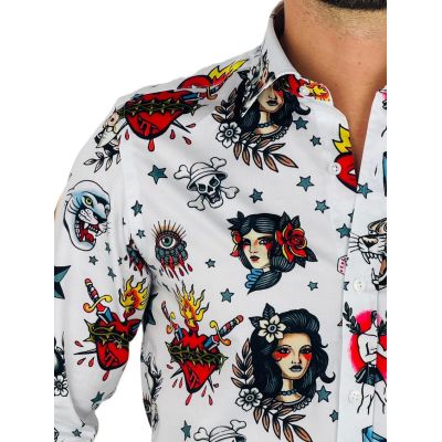 GIOVANNI PERA Koszula męska GP370 biała, kolorowe tatuaże | Sklep GriShop.eu | Koszule