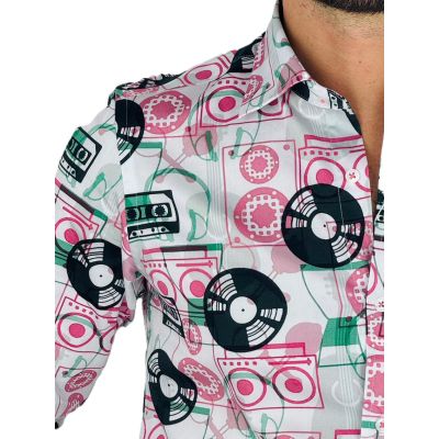GIOVANNI PERA Koszula męska GP371 muzyczna, kolorowa, winyle, kasety | Sklep GriShop.eu | Koszule