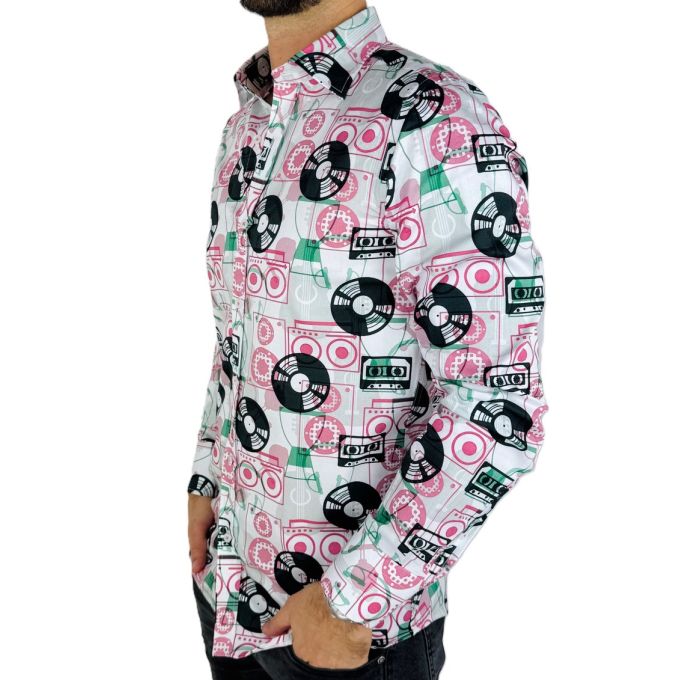 GIOVANNI PERA Koszula męska GP371 muzyczna, kolorowa, winyle, kasety | Sklep GriShop.eu | Koszule