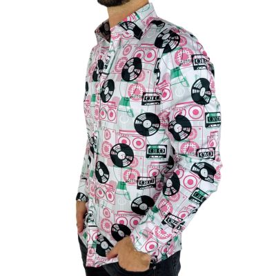 GIOVANNI PERA Koszula męska GP371 muzyczna, kolorowa, winyle, kasety | Sklep GriShop.eu | Koszule