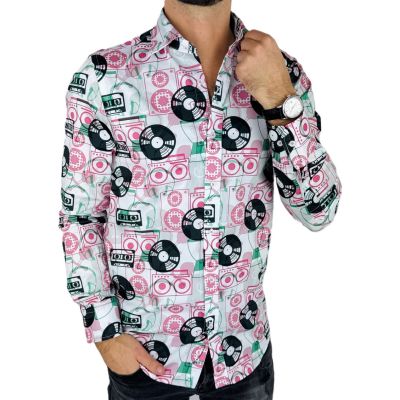 GIOVANNI PERA Koszula męska GP371 muzyczna, kolorowa, winyle, kasety | Sklep GriShop.eu | Koszule