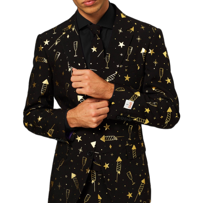 OPPOSUITS Garnitur męski z krawatem, czarno-złoty, imprezowy FANCY FIREWORKS kieliszki, gwiazdy | Sklep GriShop.eu | Garnitury