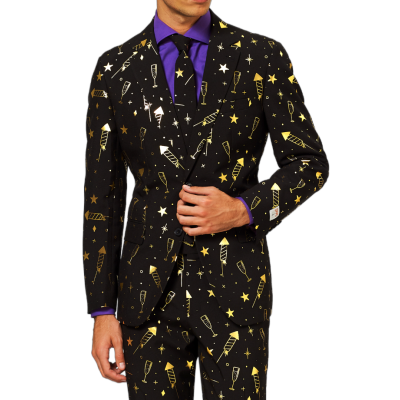 OPPOSUITS Garnitur męski z krawatem, czarno-złoty, imprezowy FANCY FIREWORKS kieliszki, gwiazdy | Sklep GriShop.eu | Garnitury