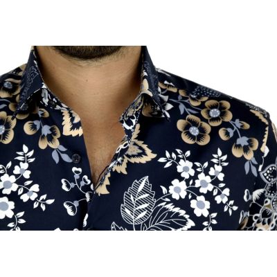DANIEL BESSI Koszula męska fb130 granatowa, kwiaty, beżowa | Sklep GriShop.eu | Koszule