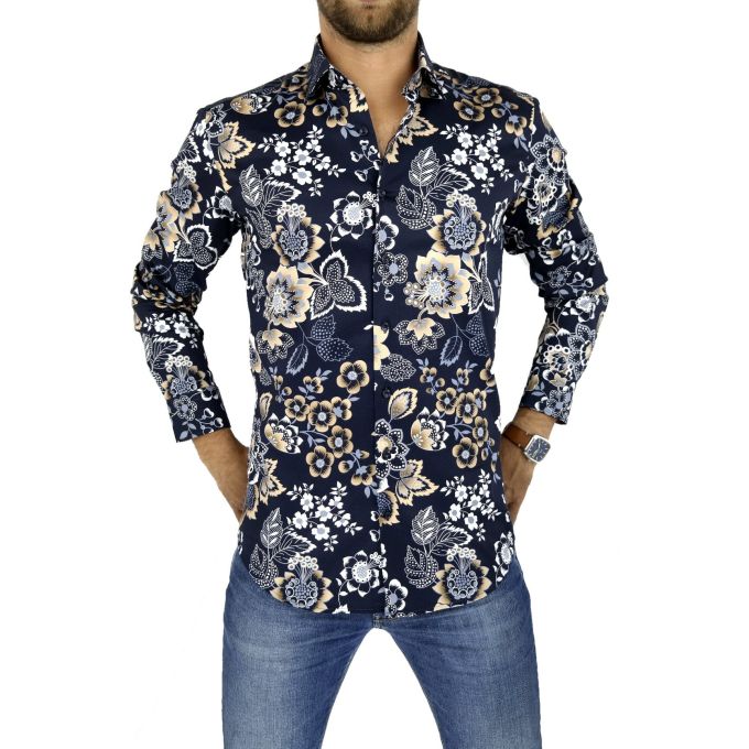 DANIEL BESSI Koszula męska fb130 granatowa, kwiaty, beżowa | Sklep GriShop.eu | Koszule