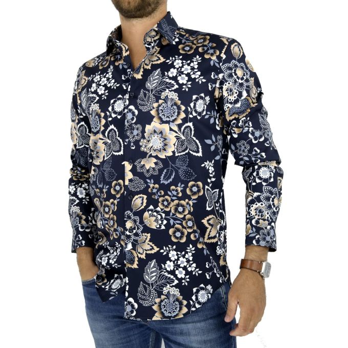 DANIEL BESSI Koszula męska fb130 granatowa, kwiaty, beżowa | Sklep GriShop.eu | Koszule