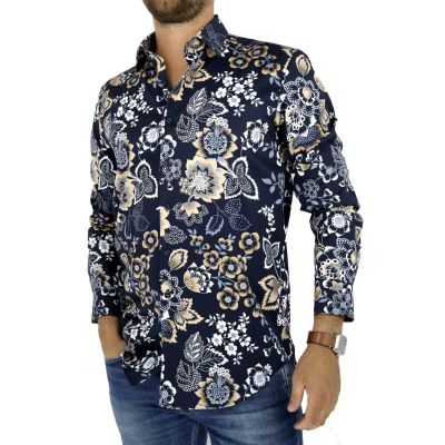 DANIEL BESSI Koszula męska fb130 granatowa, kwiaty, beżowa | Sklep GriShop.eu | Koszule