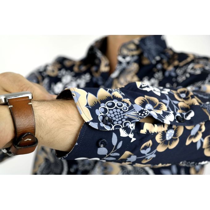 DANIEL BESSI Koszula męska fb130 granatowa, kwiaty, beżowa | Sklep GriShop.eu | Koszule