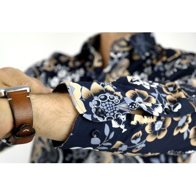 DANIEL BESSI Koszula męska fb130 granatowa, kwiaty, beżowa | Sklep GriShop.eu | Koszule