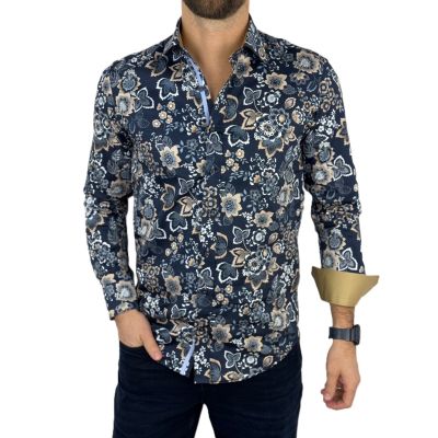 DANIEL BESSI Koszula męska fb130 granatowa, kwiaty, beżowa | Sklep GriShop.eu | Koszule