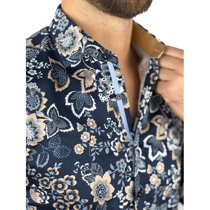 DANIEL BESSI Koszula męska fb130 granatowa, kwiaty, beżowa | Sklep GriShop.eu | Koszule