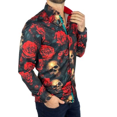 GUISEPPE LUIGI Koszula męska GL63 kolorowa, czerwone kwiaty, czachy | Sklep GriShop.eu | Koszule