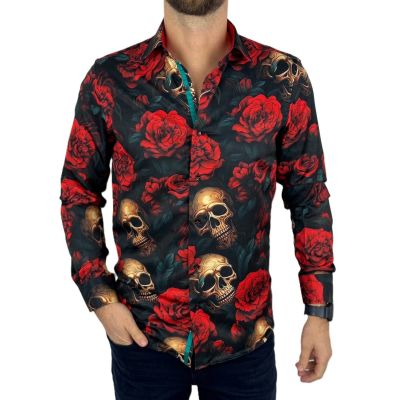 GUISEPPE LUIGI Koszula męska GL63 kolorowa, czerwone kwiaty, czachy | Sklep GriShop.eu | Koszule