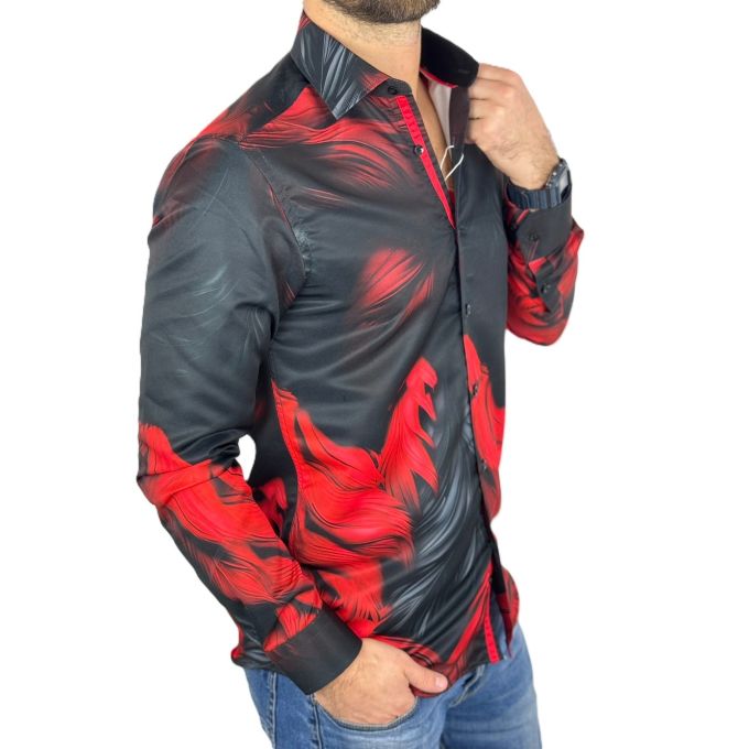 GUISEPPE LUIGI Koszula męska GL78 czerwona, czarna, pióra 3D | Sklep GriShop.eu | Koszule