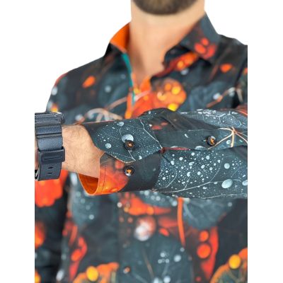 GUISEPPE LUIGI Koszula męska GL82 liście, grafit, pomarańcz efektowna 3D | Sklep GriShop.eu | Koszule