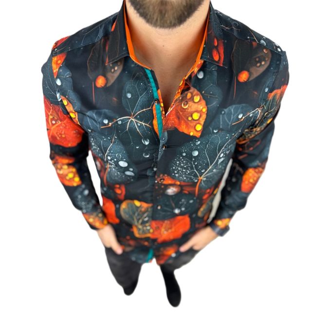 GUISEPPE LUIGI Koszula męska GL82 liście, grafit, pomarańcz efektowna 3D | Sklep GriShop.eu | Koszule