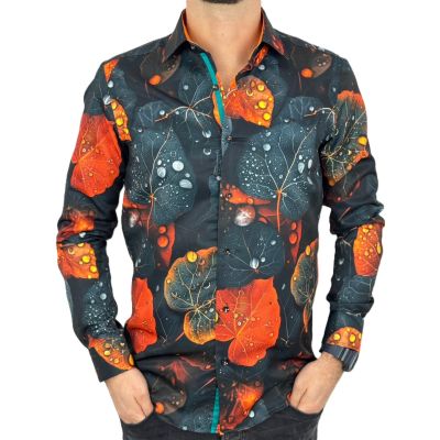GUISEPPE LUIGI Koszula męska GL82 liście, grafit, pomarańcz efektowna 3D | Sklep GriShop.eu | Koszule