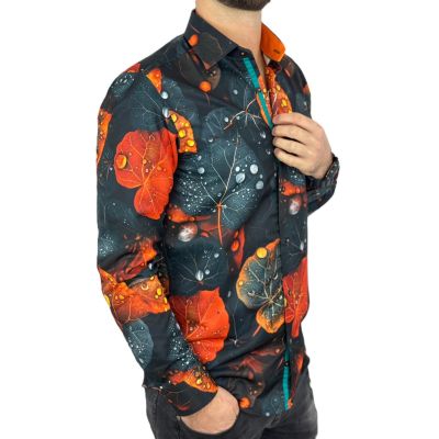 GUISEPPE LUIGI Koszula męska GL82 liście, grafit, pomarańcz efektowna 3D | Sklep GriShop.eu | Koszule