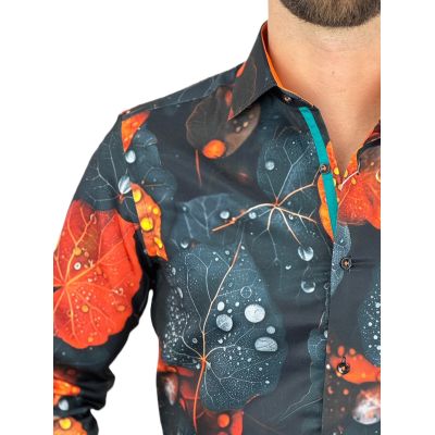 GUISEPPE LUIGI Koszula męska GL82 liście, grafit, pomarańcz efektowna 3D | Sklep GriShop.eu | Koszule