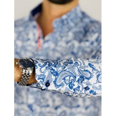 DANIEL BESSI Koszula męska fb134 biała, niebieski wzór, paisley | Sklep GriShop.eu | Koszule
