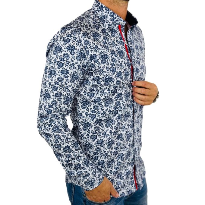 DANIEL BESSI Koszula męska fb123 biała kwiaty granat | Sklep GriShop.eu | Koszule