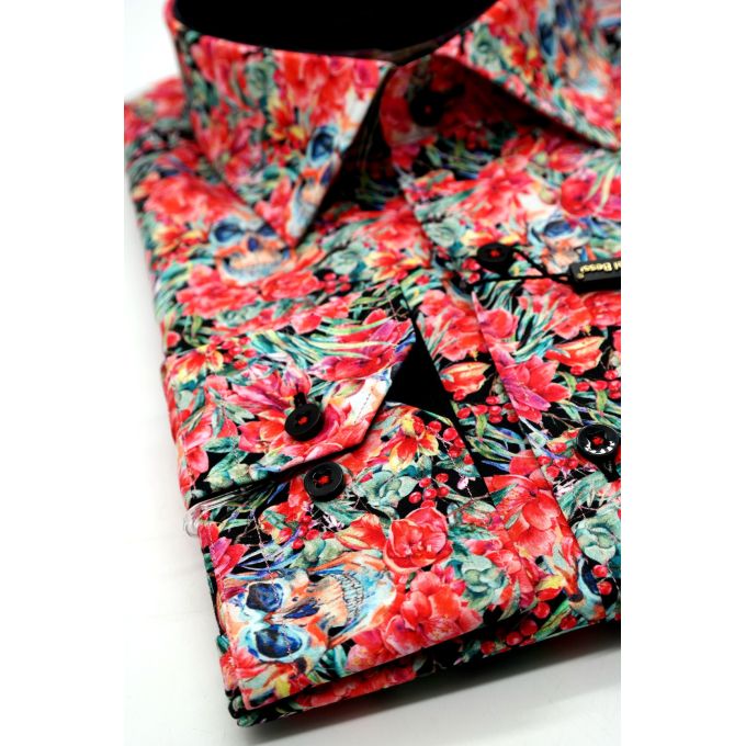DANIEL BESSI Koszula męska fb109 czerwona, kwiaty, czachy, kolorowa | Sklep GriShop.eu | Koszule