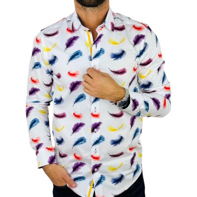 DANIEL BESSI Koszula męska fb116 biała w kolorowe pióra, niepowtarzalna | Sklep GriShop.eu | Koszule