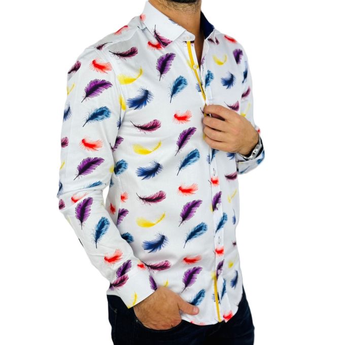 DANIEL BESSI Koszula męska fb116 biała w kolorowe pióra, niepowtarzalna | Sklep GriShop.eu | Koszule