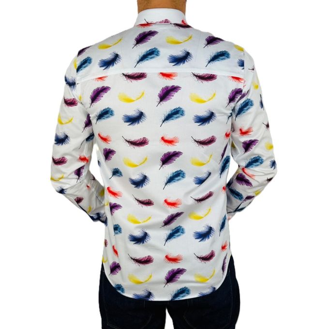 DANIEL BESSI Koszula męska fb116 biała w kolorowe pióra, niepowtarzalna | Sklep GriShop.eu | Koszule