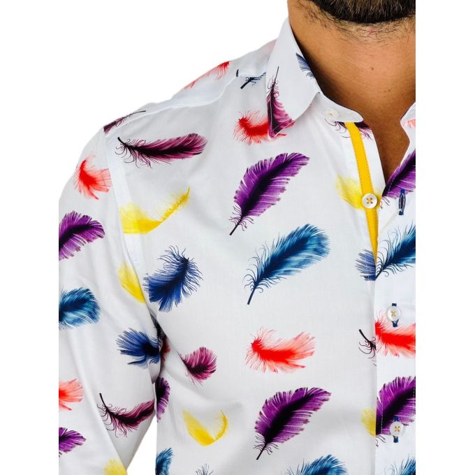 DANIEL BESSI Koszula męska fb116 biała w kolorowe pióra, niepowtarzalna | Sklep GriShop.eu | Koszule