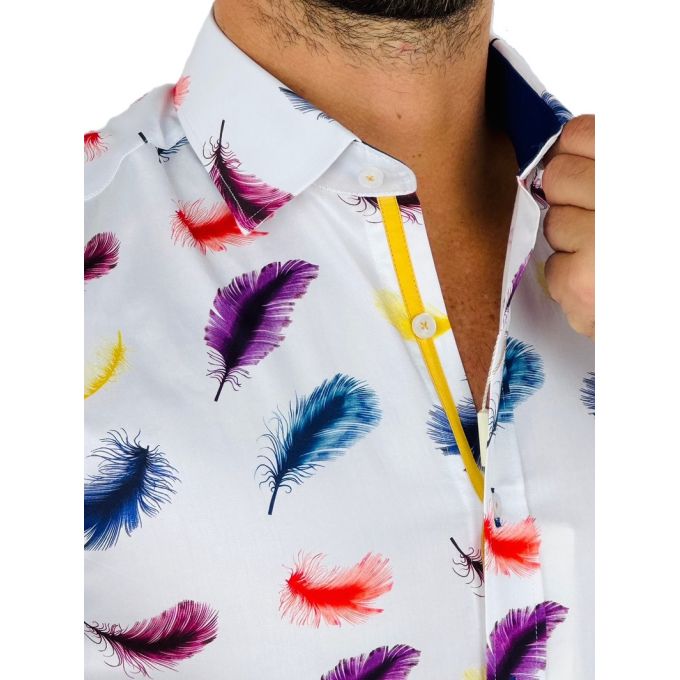 DANIEL BESSI Koszula męska fb116 biała w kolorowe pióra, niepowtarzalna | Sklep GriShop.eu | Koszule